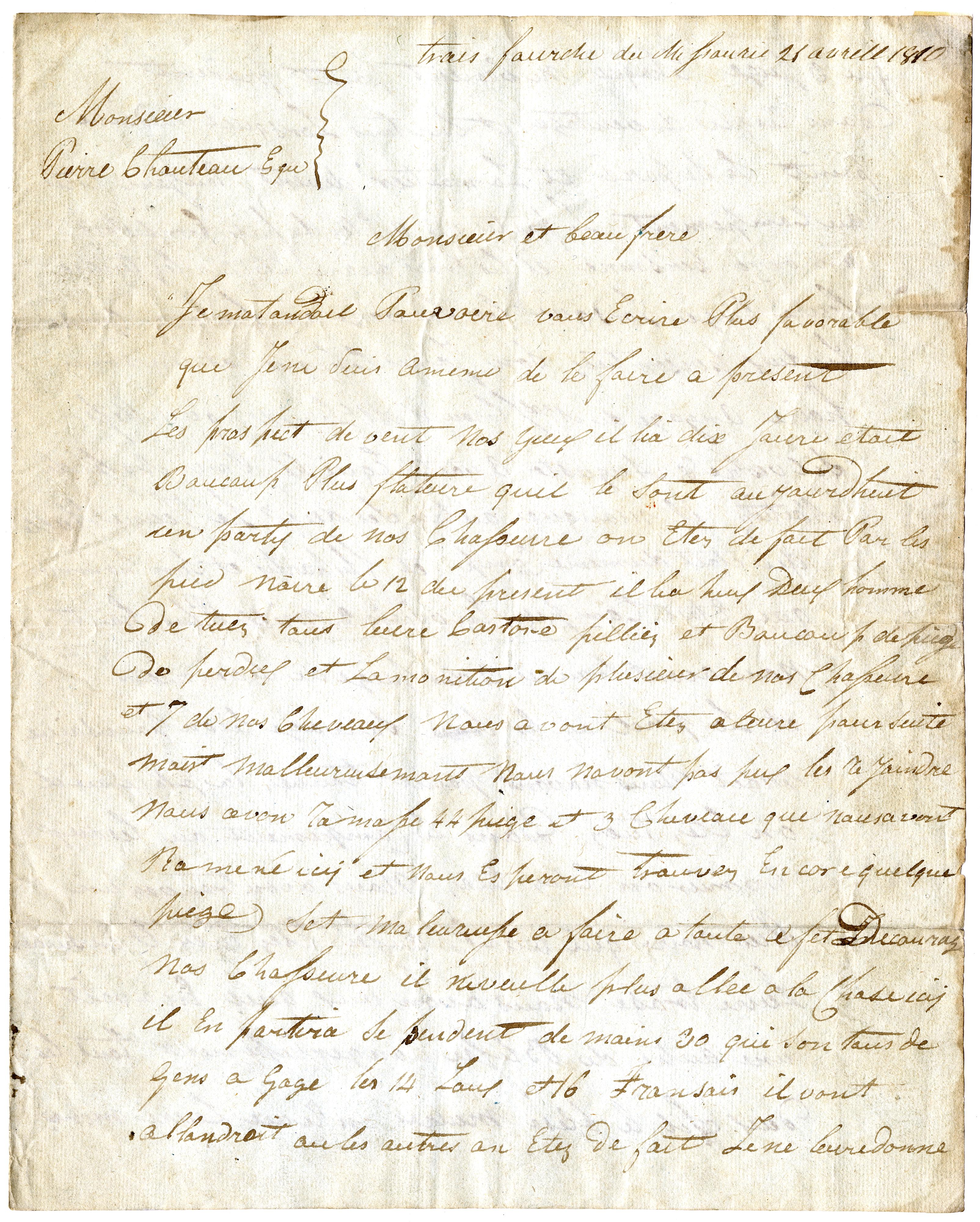 Letter. Pierre Menard to Pierre Chouteau, 1810 Apr 21, MC004-B1-F1 Pierre Chouteau, Jr. and Company Records.