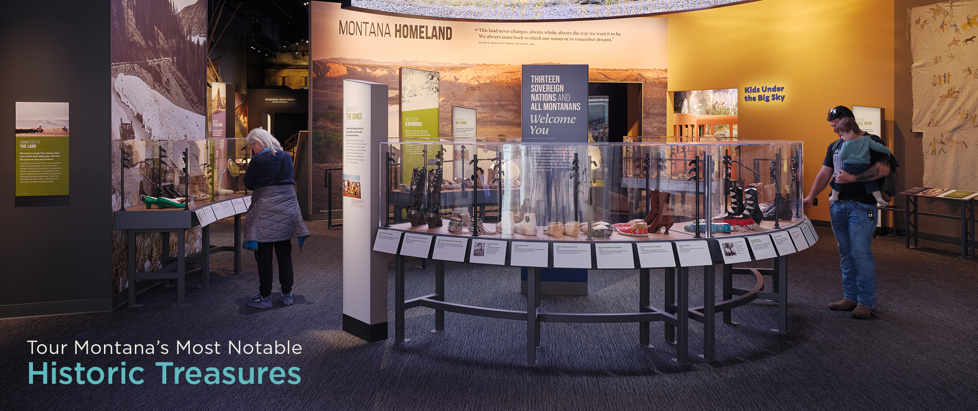 People browse the entrance to the Homeland Gallery, observing historic artifacts. Caption reads: Tour Montana's Most Notable Historic Treasures.