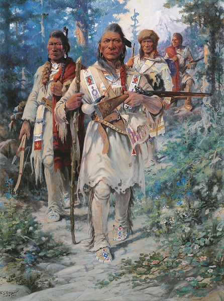 The painting "After the Whiteman's Book." Four Salish are walking through a forest, facing the viewer. The frontmost Salish holds a walking stick and a rifle.