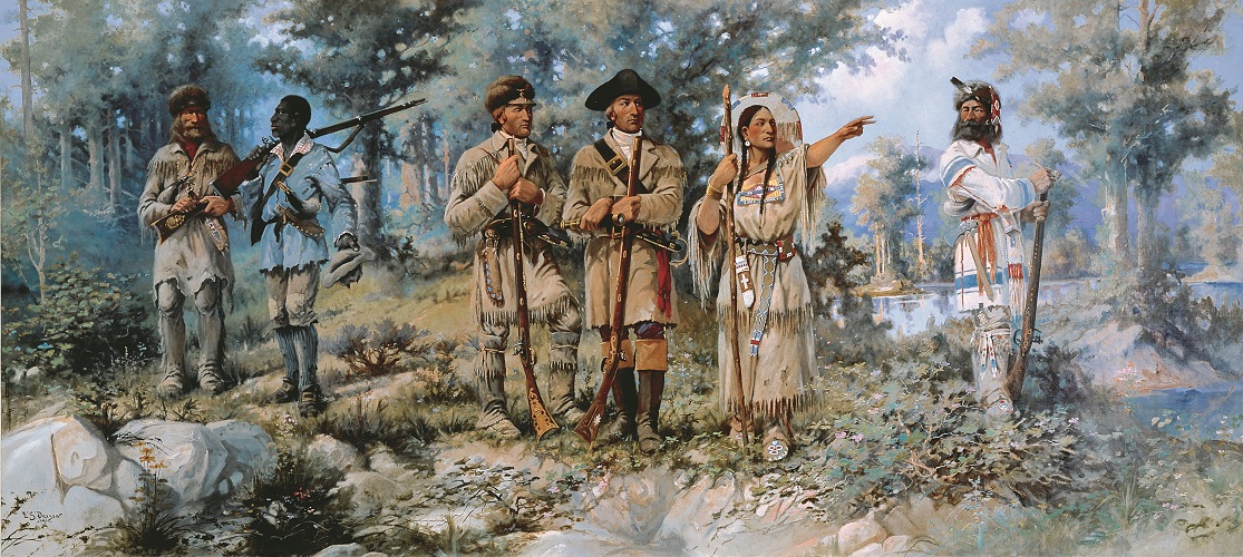 The painting "Lewis and Clark at Three Forks. Lewis and Clark stand at the center, while Sacagawea stands to the right, pointing at something outside of the painting. Toussaint Charbonneau stands off to the right with arms crossed, looking back at the group. Yorke and John Colter can be seen on the left-hand side of the painting.