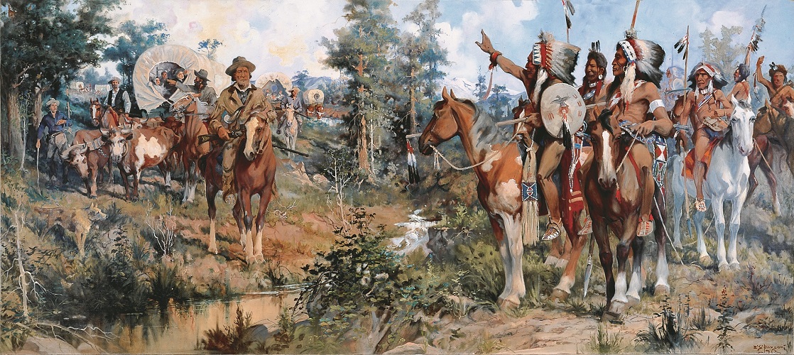 The painting "The Border Land." The painting is divided diagonally across the middle by a stream, with European Americans on the left, and Native Americans on the right. A group of European Americans pulling a wagon with horses, while a settler at the center of the painting holds a rifle. The Native Americans are on horseback, and one has his hand extended upwards in front of him.