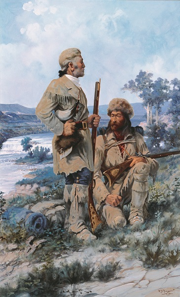 The painting "Lewis at Black Eagle Falls." Lewis stands to the left, holding a rifle, while looking out on a landscape. To his right, and unidentified explorer kneels, also holding a rifle.