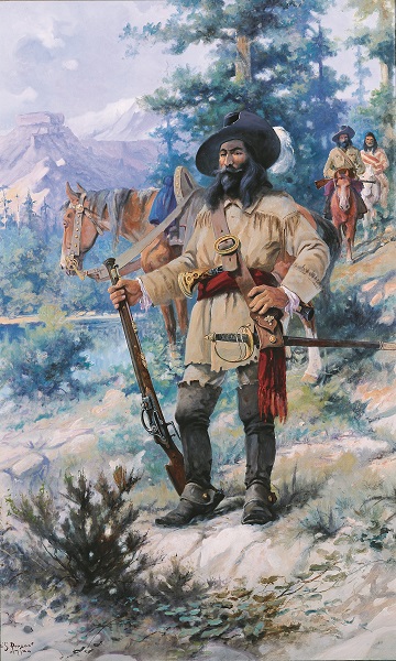 The painting "Pierre de La Verendrye." Verendrye stands at the center of the painting, holding a rifle and a sword. In the background, more men can be seen riding behind him on horseback.