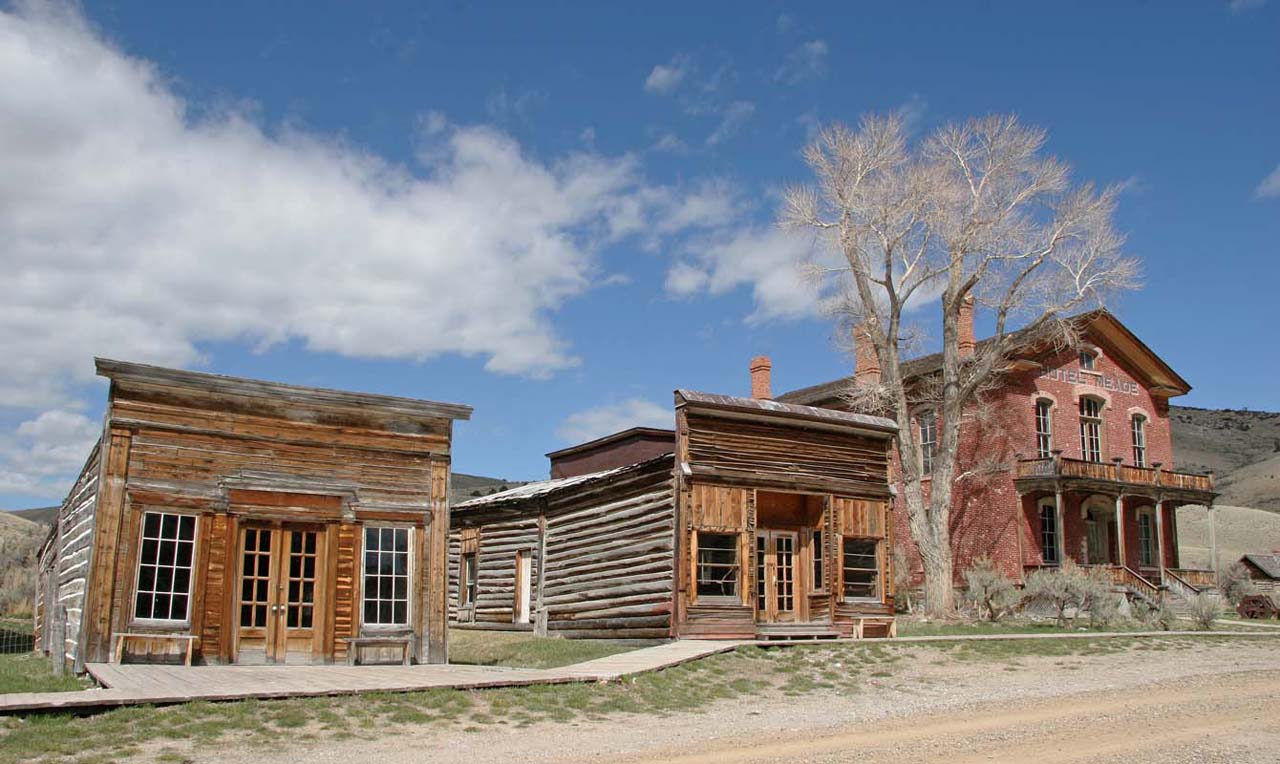 Photograph of three buildings, including a hotel, at Bannack State Park, Beaverhead County, Montana